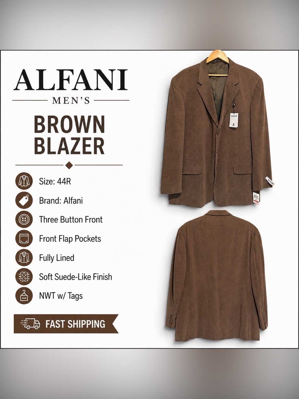 Alfani Brown Faux Suede Sport Coat Blazer 44R Men’s Classic Jacket